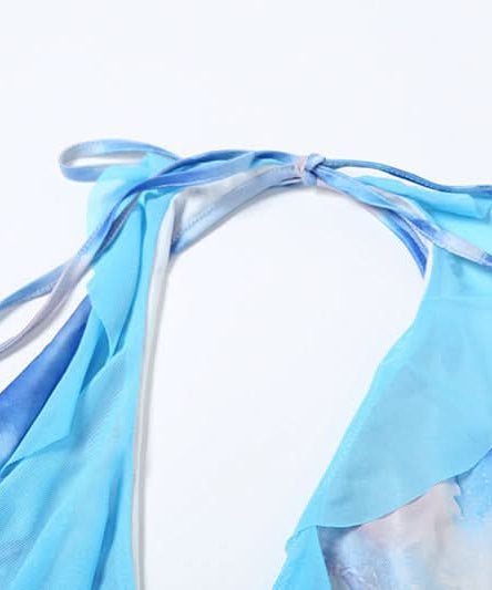 Y2K Dream Blue Abstract Swirl Halter Mini Dress - Ruched & Ruffled for Parties & Vacations