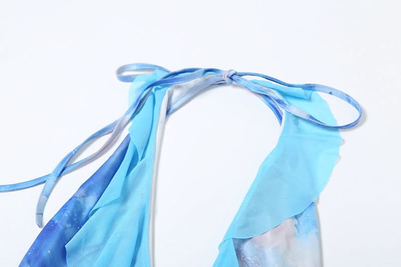 Y2K Dream Blue Abstract Swirl Halter Mini Dress - Ruched & Ruffled for Parties & Vacations