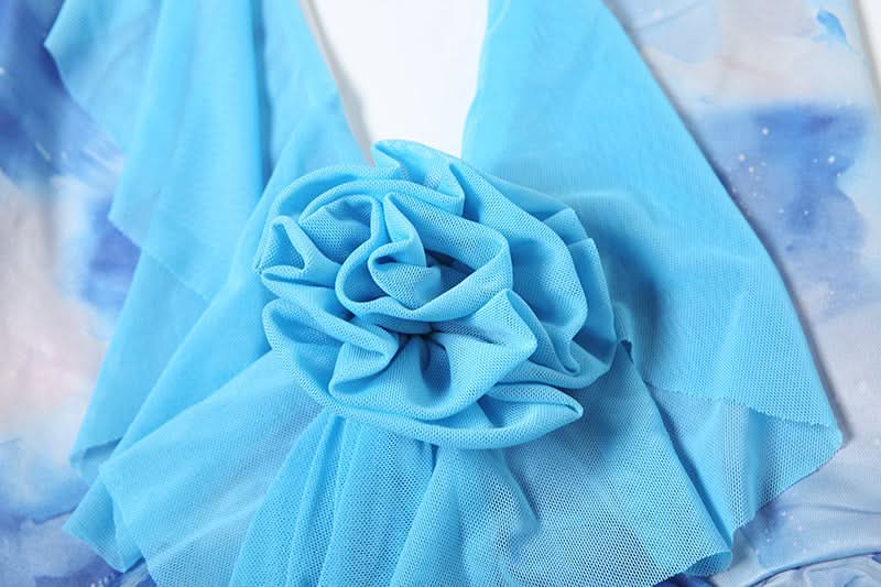 Y2K Dream Blue Abstract Swirl Halter Mini Dress - Ruched & Ruffled for Parties & Vacations