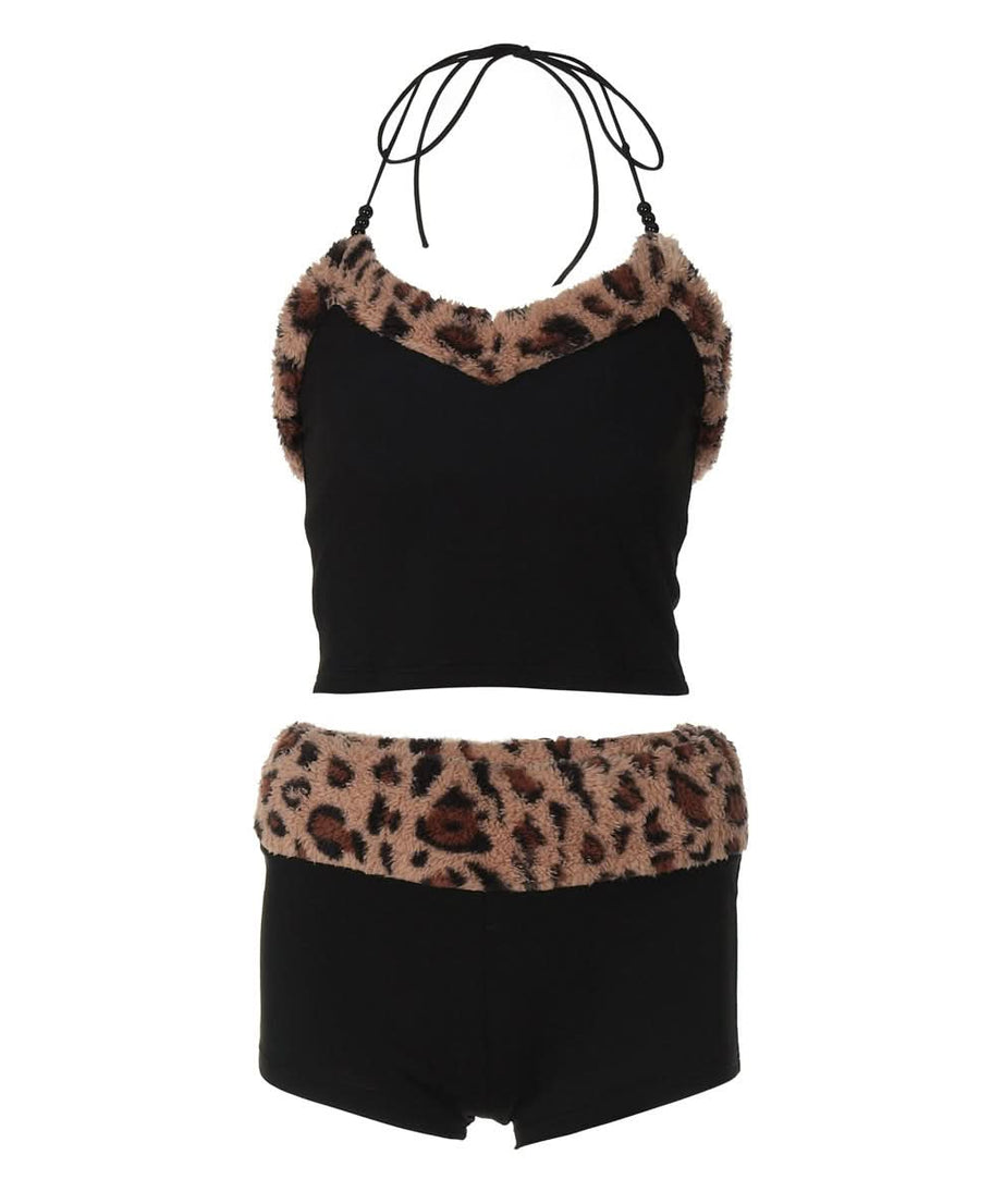 Wild Side Leopard Faux Fur Halter Top & Shorts Set | Cozy Loungewear & Halloween Ready!