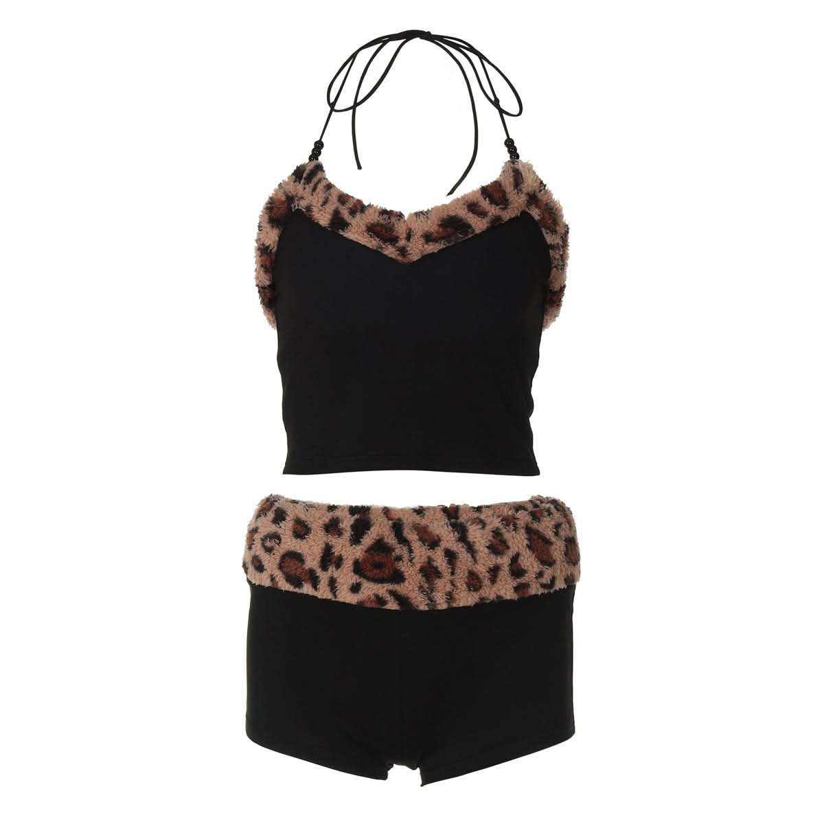 Wild Side Leopard Faux Fur Halter Top & Shorts Set | Cozy Loungewear & Halloween Ready!