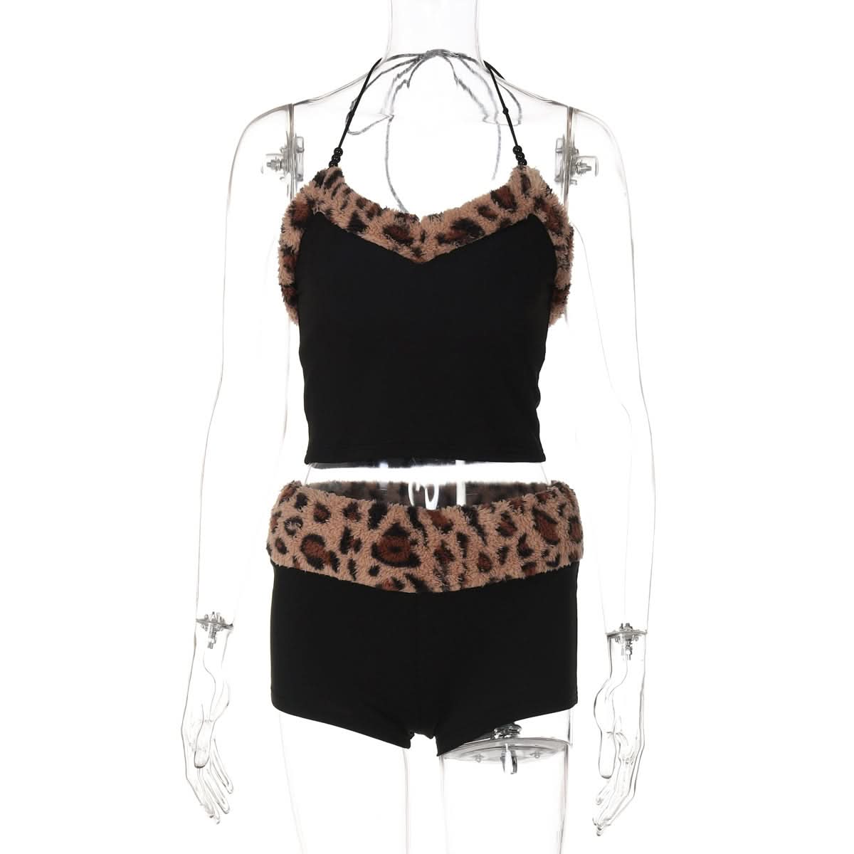 Wild Side Leopard Faux Fur Halter Top & Shorts Set | Cozy Loungewear & Halloween Ready!