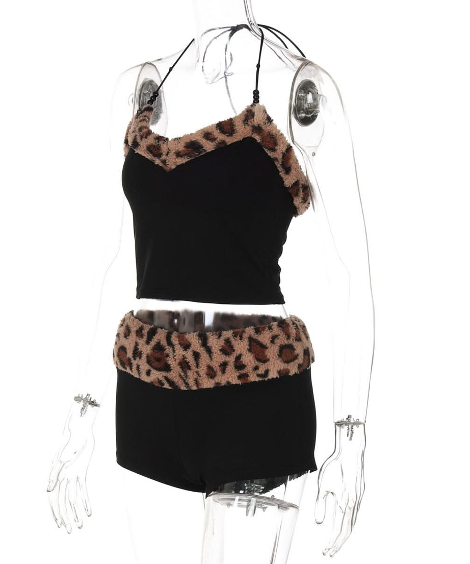 Wild Side Leopard Faux Fur Halter Top & Shorts Set | Cozy Loungewear & Halloween Ready!
