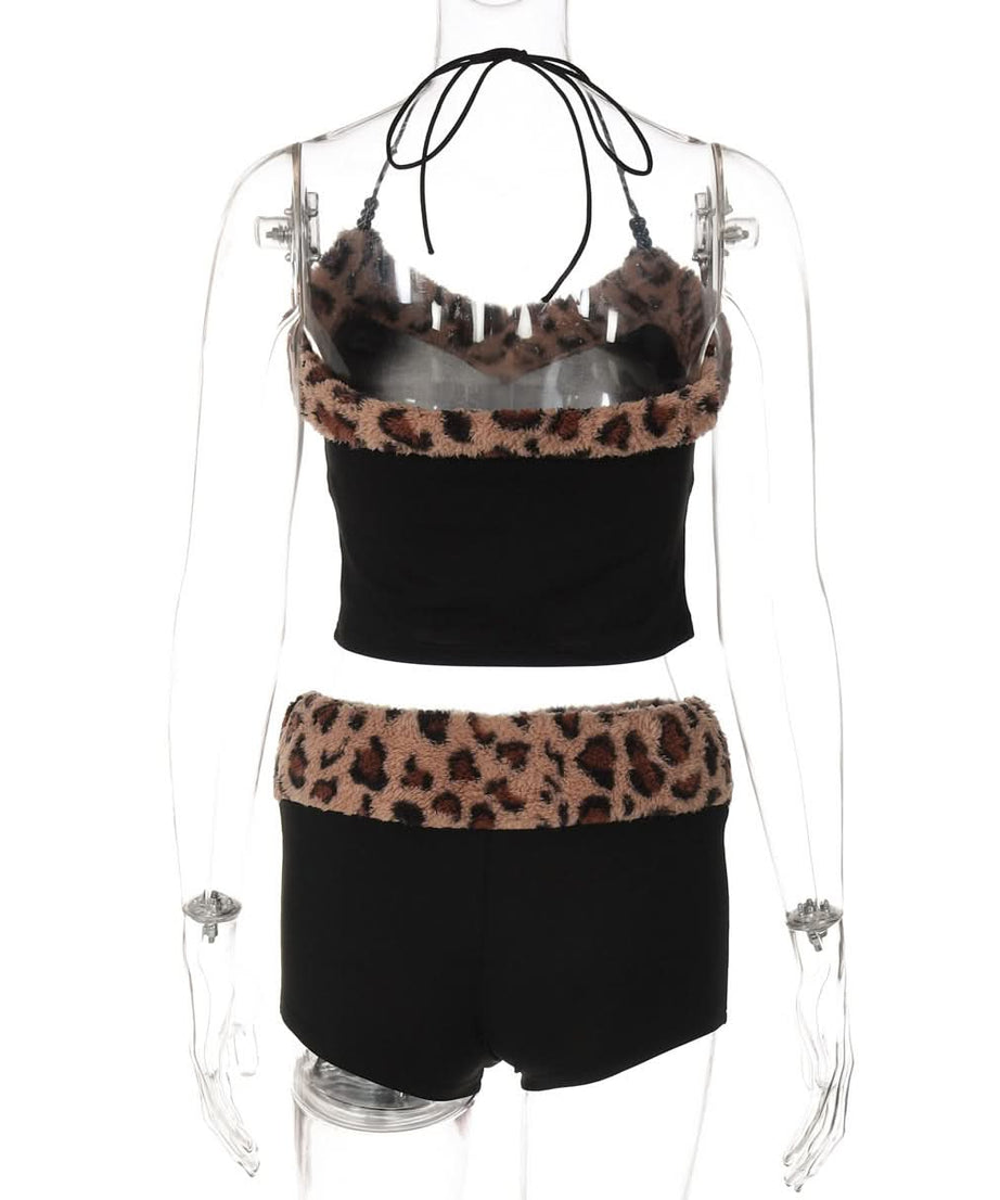 Wild Side Leopard Faux Fur Halter Top & Shorts Set | Cozy Loungewear & Halloween Ready!