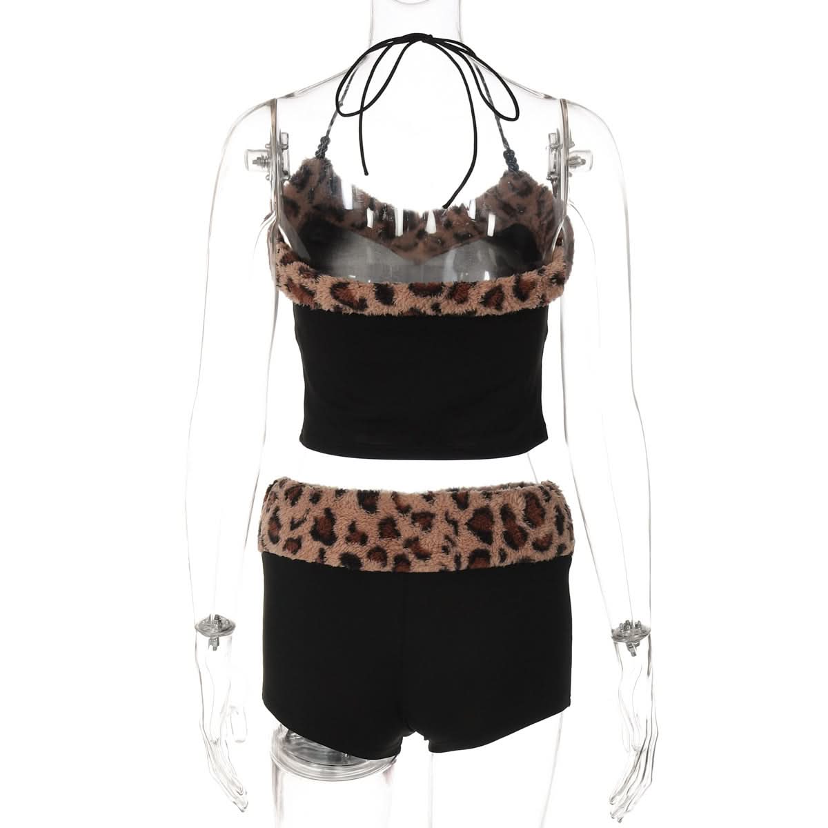 Wild Side Leopard Faux Fur Halter Top & Shorts Set | Cozy Loungewear & Halloween Ready!
