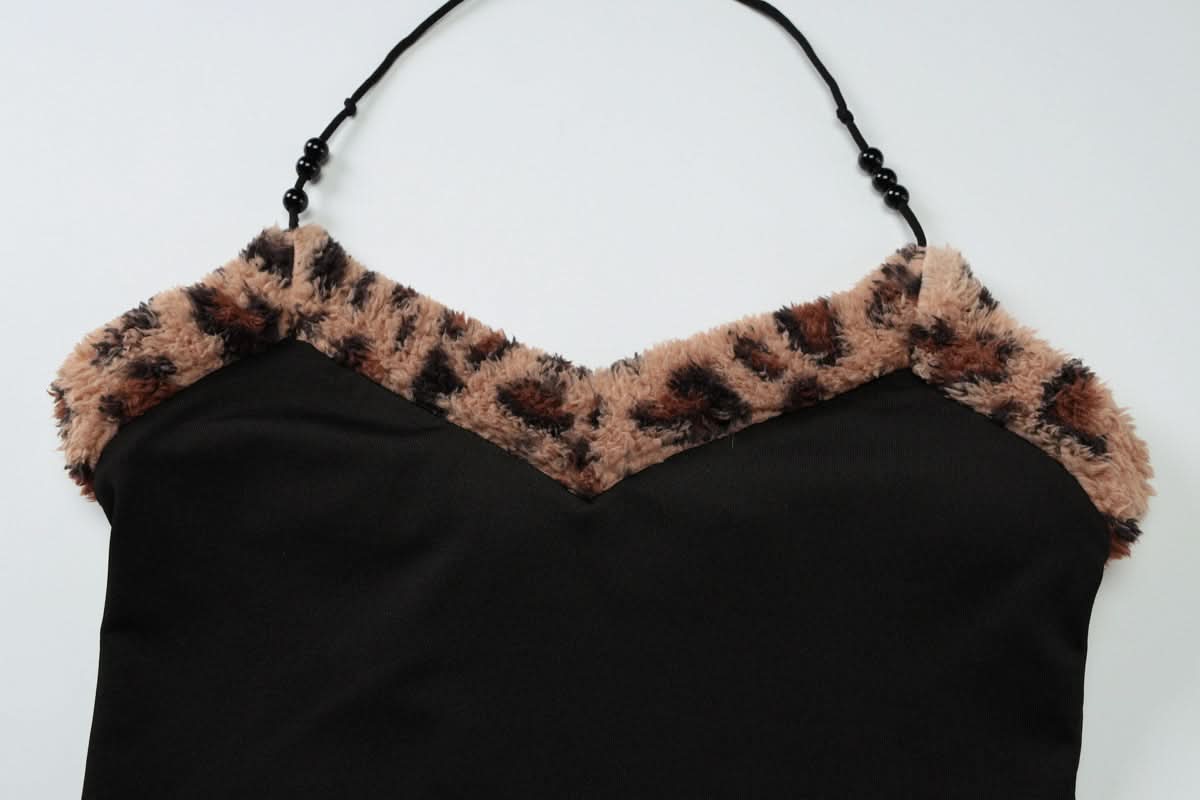 Wild Side Leopard Faux Fur Halter Top & Shorts Set | Cozy Loungewear & Halloween Ready!