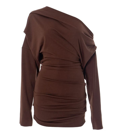 Fall Glamour: Mocha Ruched One-Shoulder Mini Dress - Long Sleeve Bodycon