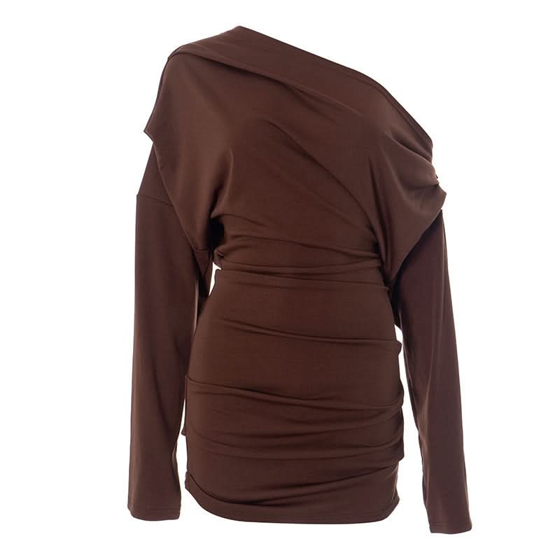 Fall Glamour: Mocha Ruched One-Shoulder Mini Dress - Long Sleeve Bodycon