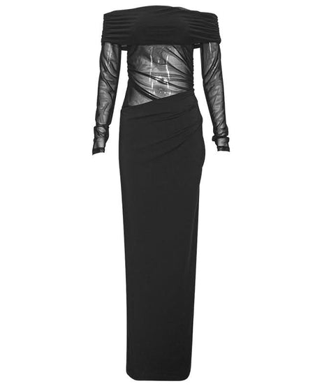 The Allure Gown: Black Off-Shoulder Mesh Maxi Dress for Fall & Holiday Evenings