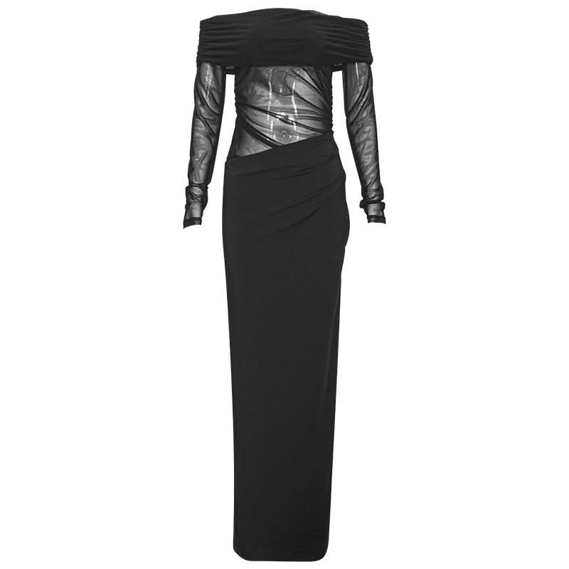 The Allure Gown: Black Off-Shoulder Mesh Maxi Dress for Fall & Holiday Evenings