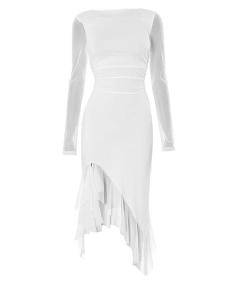 Chic White Mesh Long Sleeve Midi Dress - Asymmetrical Ruffle Cocktail & Holiday Party Style