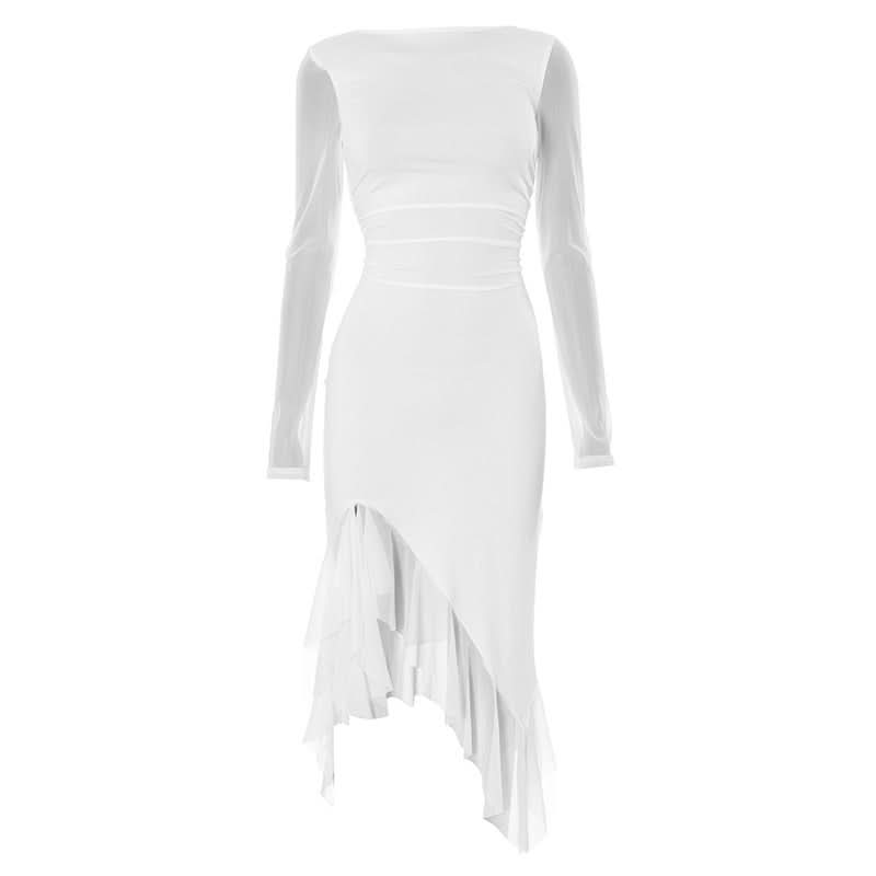 Chic White Mesh Long Sleeve Midi Dress - Asymmetrical Ruffle Cocktail & Holiday Party Style