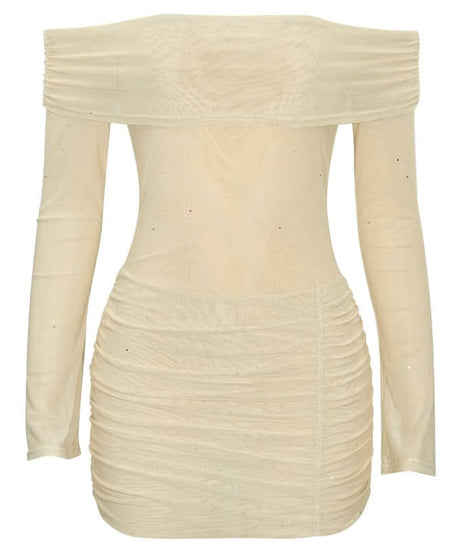 Chic Sparkle: Off-Shoulder Glitter Mesh Ruched Mini Dress - Your Fall & Holiday Party Essential