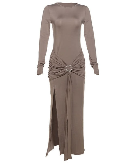 Autumn Elegance: Women's Long Sleeve Ruched Maxi Dress with Heart Ring & High Slit