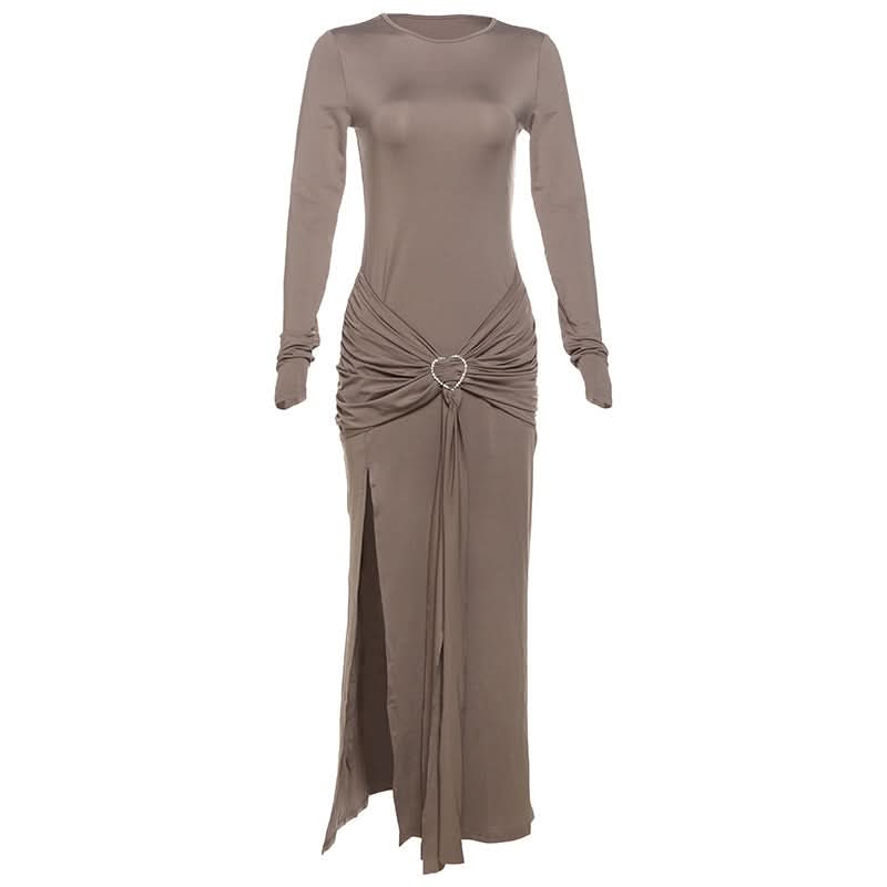 Autumn Elegance: Women's Long Sleeve Ruched Maxi Dress with Heart Ring & High Slit