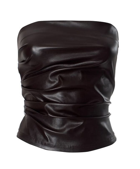 Chic Chocolate Faux Leather Ruched Tube Top - Fall Nights & Holiday Party Ready