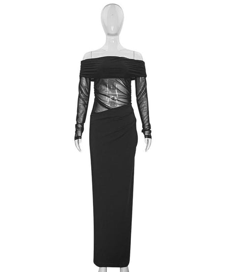 The Allure Gown: Black Off-Shoulder Mesh Maxi Dress for Fall & Holiday Evenings