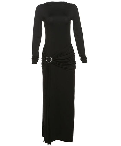 Autumn Elegance: Women's Long Sleeve Ruched Maxi Dress with Heart Ring & High Slit