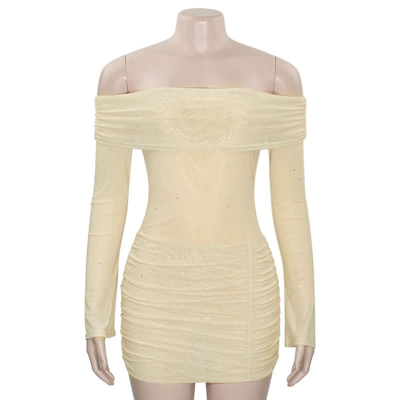 Chic Sparkle: Off-Shoulder Glitter Mesh Ruched Mini Dress - Your Fall & Holiday Party Essential