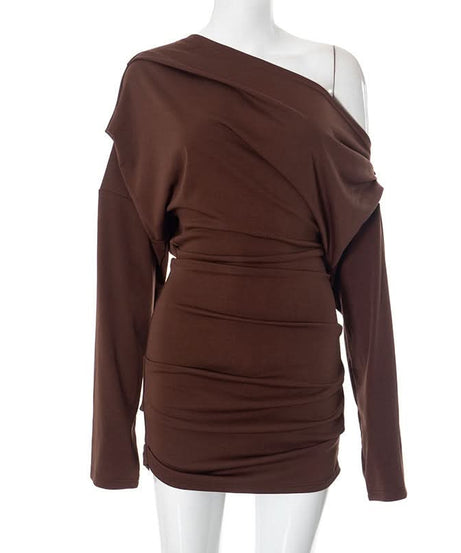 Fall Glamour: Mocha Ruched One-Shoulder Mini Dress - Long Sleeve Bodycon