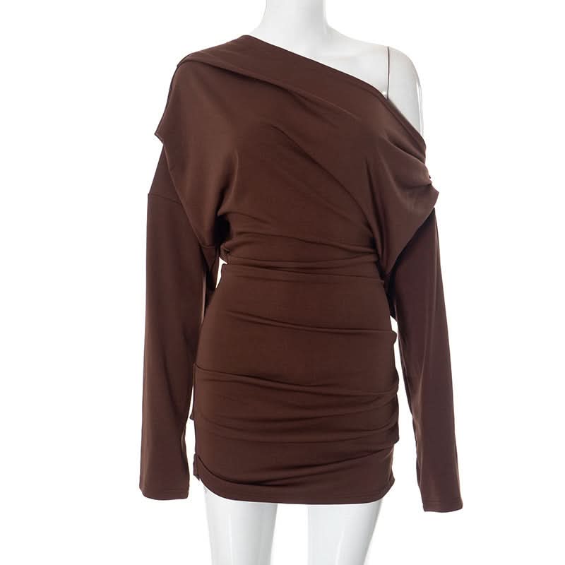 Fall Glamour: Mocha Ruched One-Shoulder Mini Dress - Long Sleeve Bodycon