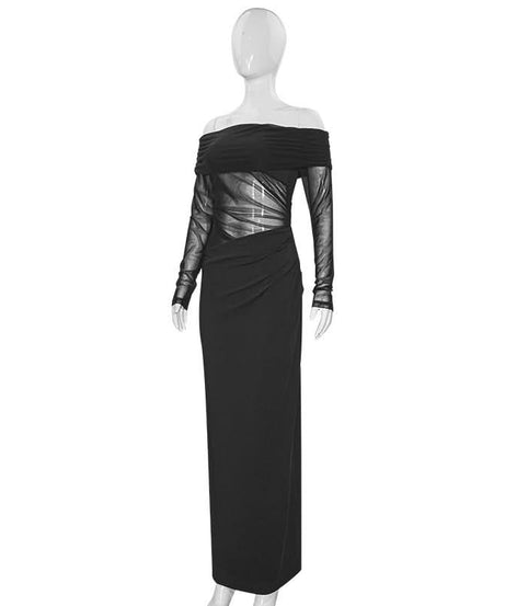 The Allure Gown: Black Off-Shoulder Mesh Maxi Dress for Fall & Holiday Evenings