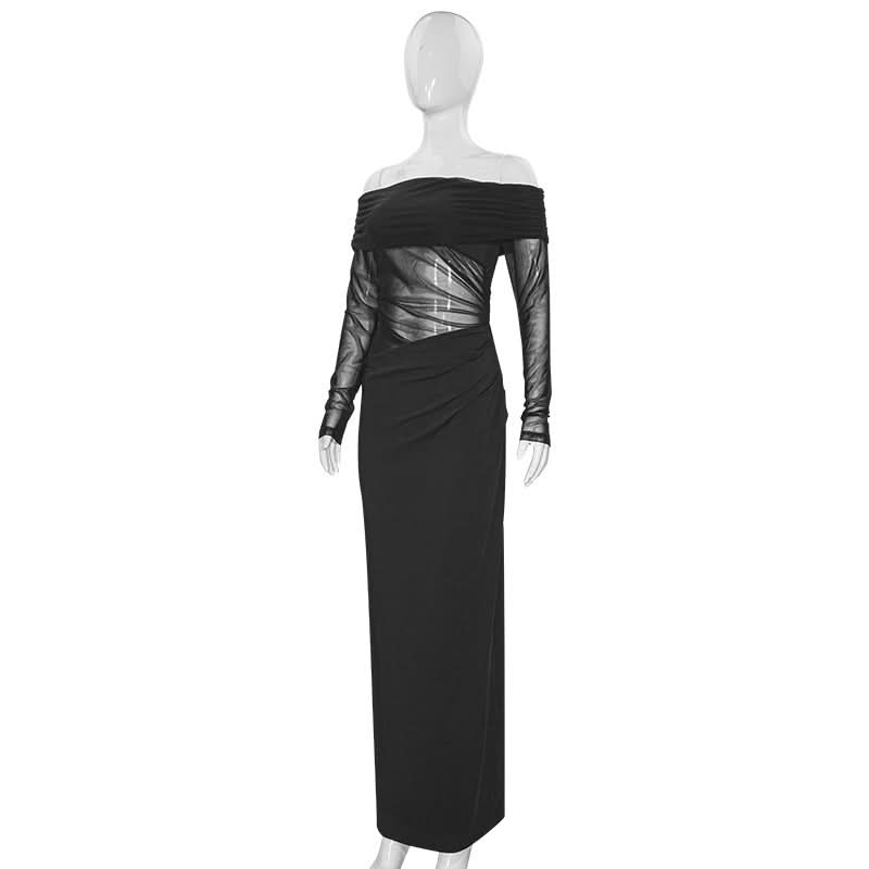The Allure Gown: Black Off-Shoulder Mesh Maxi Dress for Fall & Holiday Evenings
