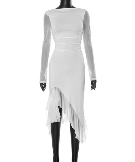 Chic White Mesh Long Sleeve Midi Dress - Asymmetrical Ruffle Cocktail & Holiday Party Style