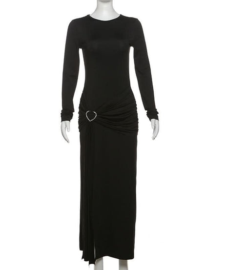 Autumn Elegance: Women's Long Sleeve Ruched Maxi Dress with Heart Ring & High Slit