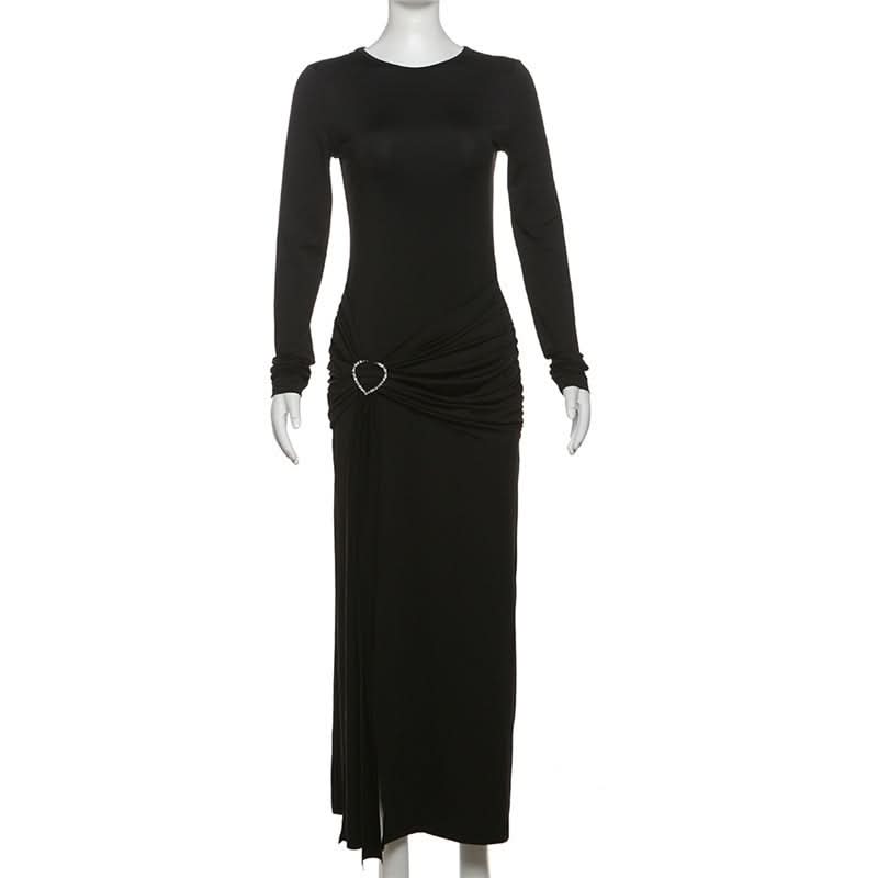 Autumn Elegance: Women's Long Sleeve Ruched Maxi Dress with Heart Ring & High Slit
