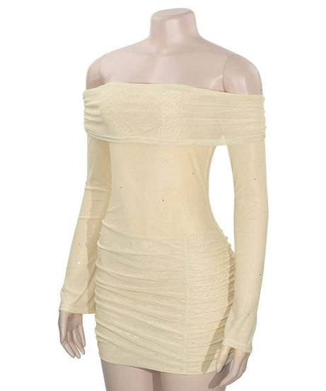 Chic Sparkle: Off-Shoulder Glitter Mesh Ruched Mini Dress - Your Fall & Holiday Party Essential