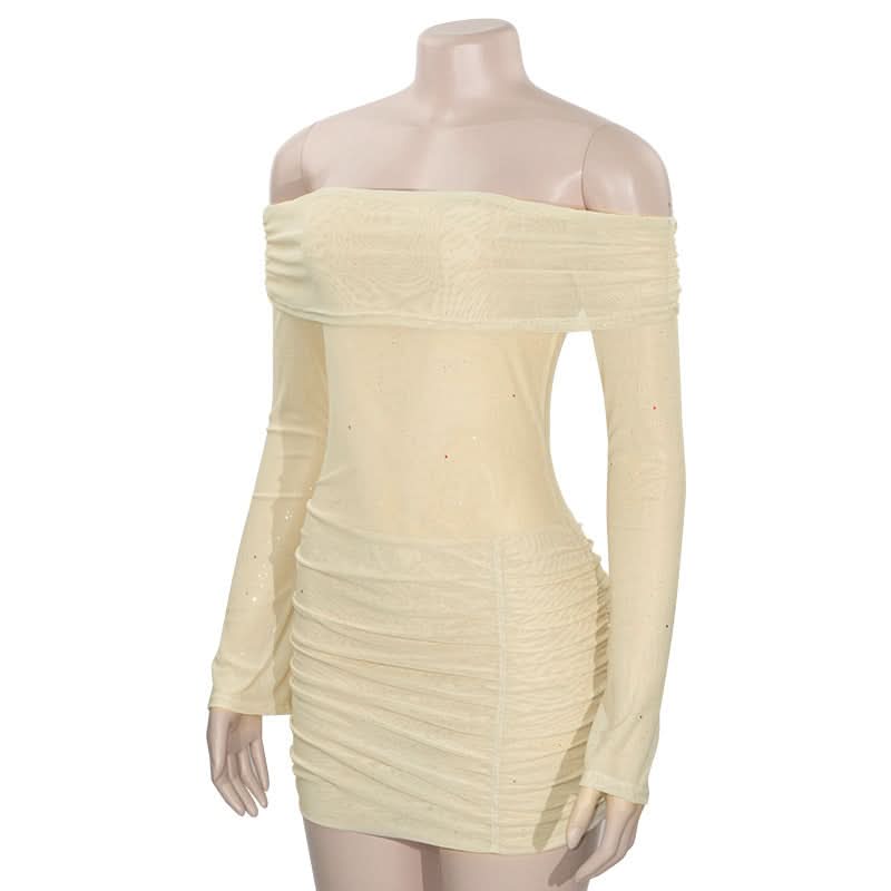 Chic Sparkle: Off-Shoulder Glitter Mesh Ruched Mini Dress - Your Fall & Holiday Party Essential
