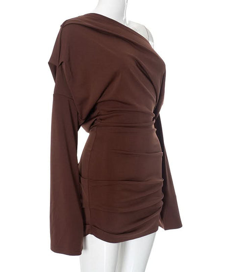 Fall Glamour: Mocha Ruched One-Shoulder Mini Dress - Long Sleeve Bodycon