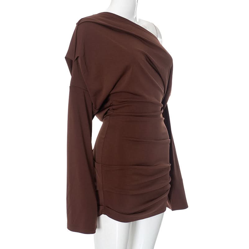 Fall Glamour: Mocha Ruched One-Shoulder Mini Dress - Long Sleeve Bodycon
