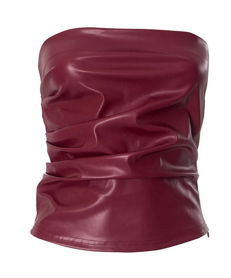 Chic Chocolate Faux Leather Ruched Tube Top - Fall Nights & Holiday Party Ready