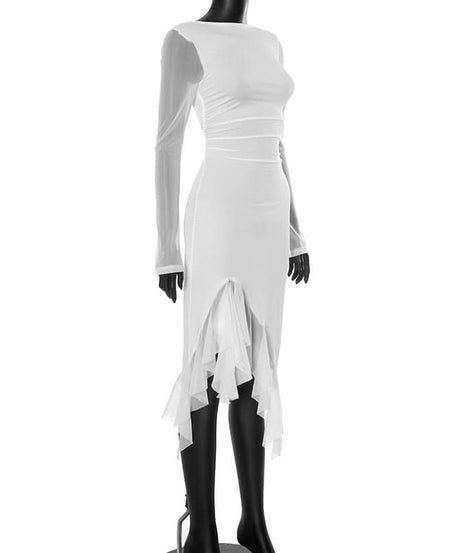 Chic White Mesh Long Sleeve Midi Dress - Asymmetrical Ruffle Cocktail & Holiday Party Style