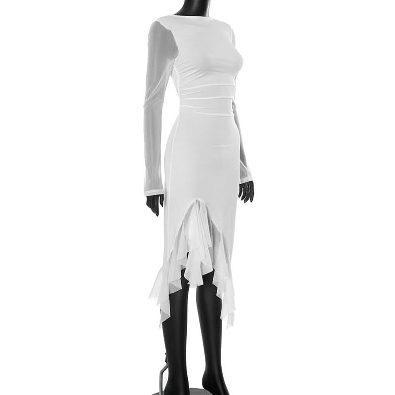 Chic White Mesh Long Sleeve Midi Dress - Asymmetrical Ruffle Cocktail & Holiday Party Style