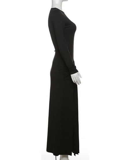 Autumn Elegance: Women's Long Sleeve Ruched Maxi Dress with Heart Ring & High Slit