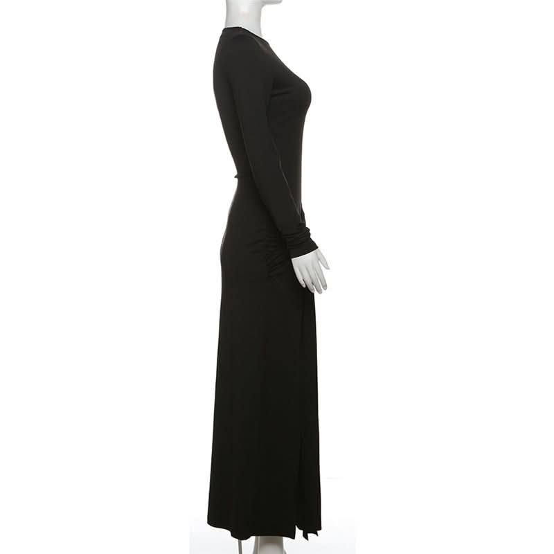 Autumn Elegance: Women's Long Sleeve Ruched Maxi Dress with Heart Ring & High Slit