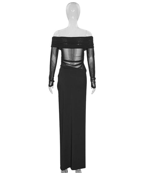 The Allure Gown: Black Off-Shoulder Mesh Maxi Dress for Fall & Holiday Evenings