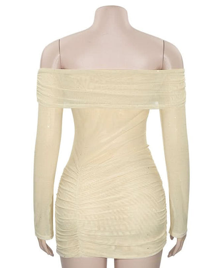 Chic Sparkle: Off-Shoulder Glitter Mesh Ruched Mini Dress - Your Fall & Holiday Party Essential