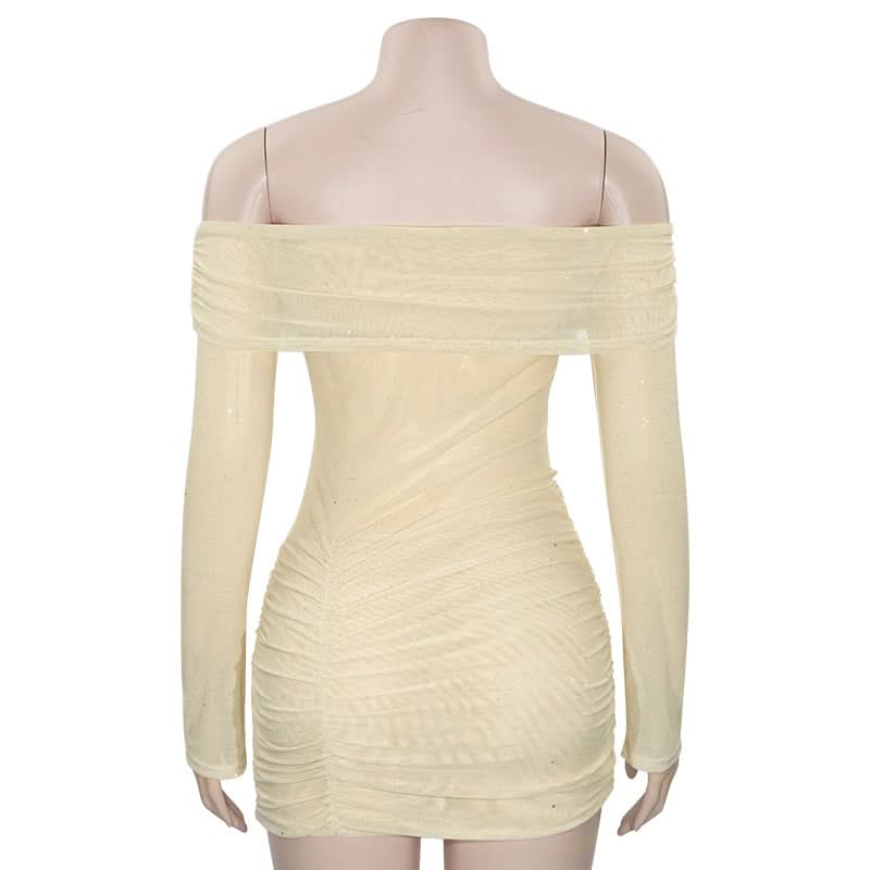Chic Sparkle: Off-Shoulder Glitter Mesh Ruched Mini Dress - Your Fall & Holiday Party Essential