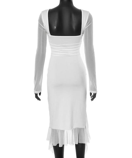Chic White Mesh Long Sleeve Midi Dress - Asymmetrical Ruffle Cocktail & Holiday Party Style