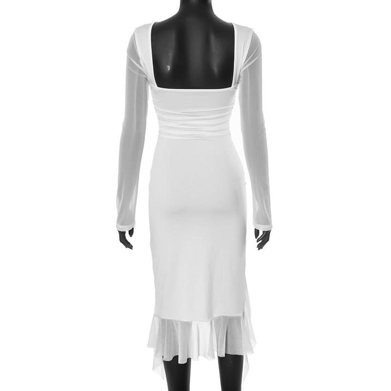 Chic White Mesh Long Sleeve Midi Dress - Asymmetrical Ruffle Cocktail & Holiday Party Style