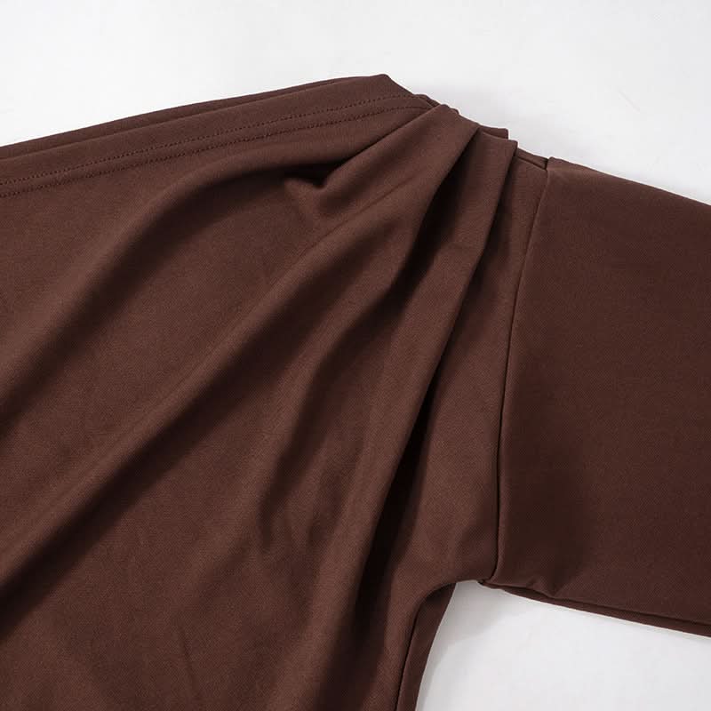 Fall Glamour: Mocha Ruched One-Shoulder Mini Dress - Long Sleeve Bodycon