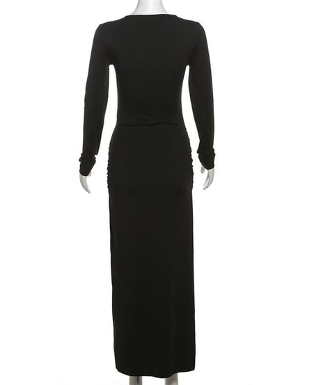Autumn Elegance: Women's Long Sleeve Ruched Maxi Dress with Heart Ring & High Slit