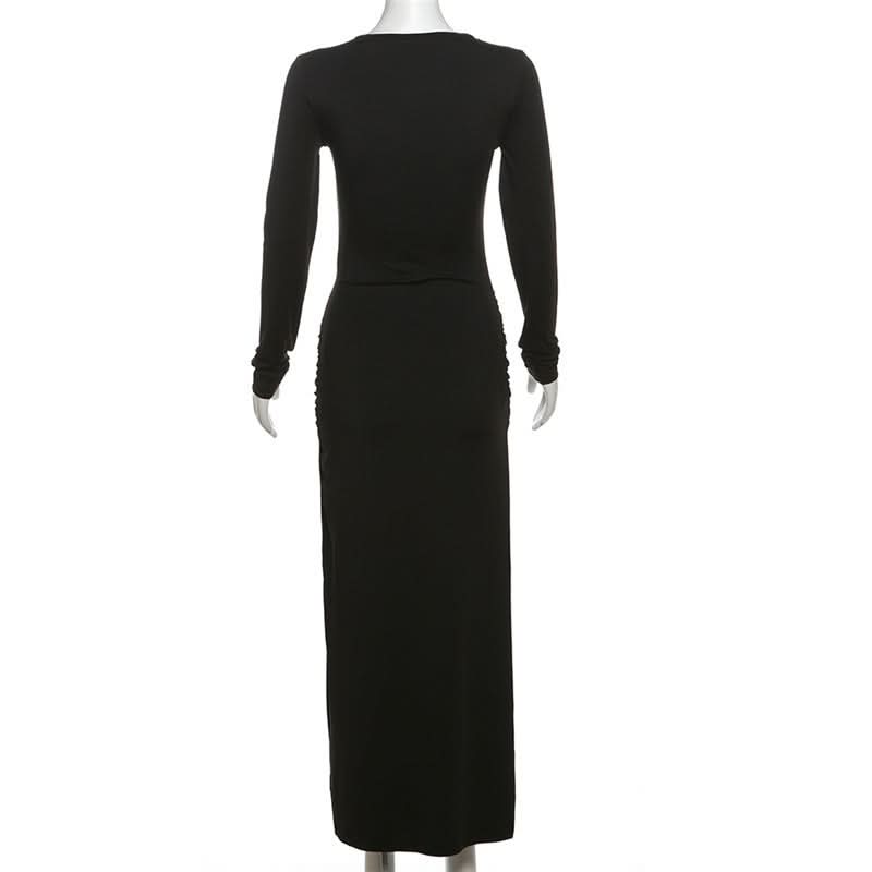 Autumn Elegance: Women's Long Sleeve Ruched Maxi Dress with Heart Ring & High Slit