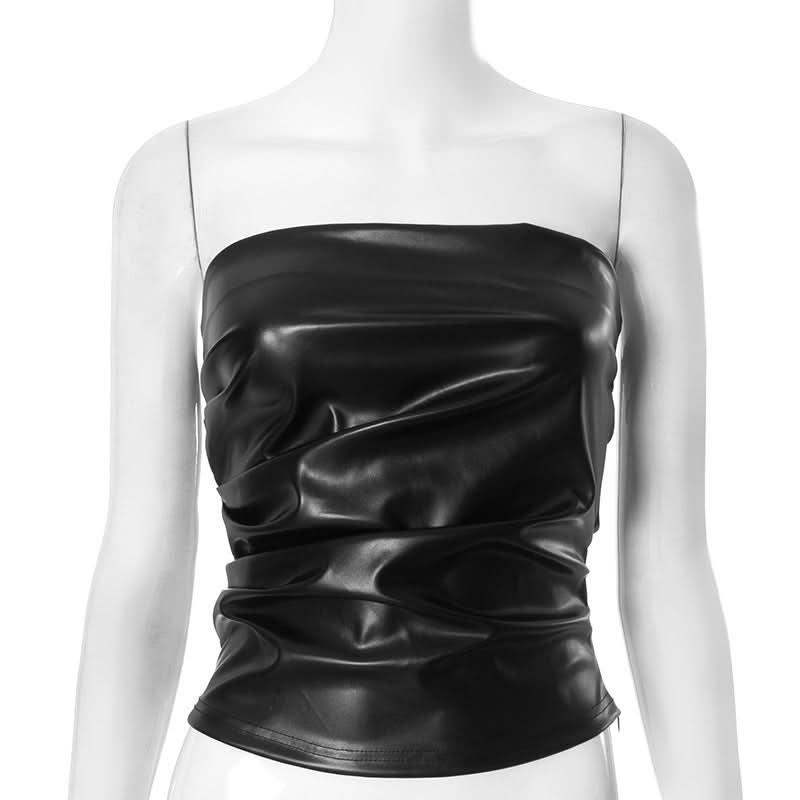 Chic Chocolate Faux Leather Ruched Tube Top - Fall Nights & Holiday Party Ready