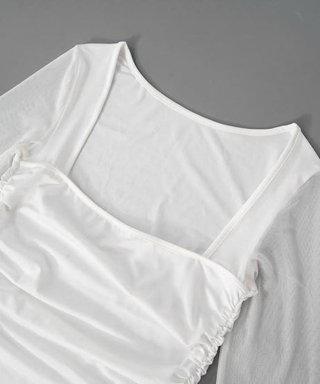 Chic White Mesh Long Sleeve Midi Dress - Asymmetrical Ruffle Cocktail & Holiday Party Style