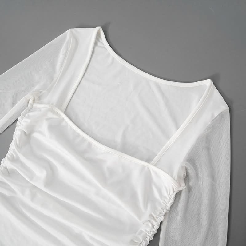 Chic White Mesh Long Sleeve Midi Dress - Asymmetrical Ruffle Cocktail & Holiday Party Style